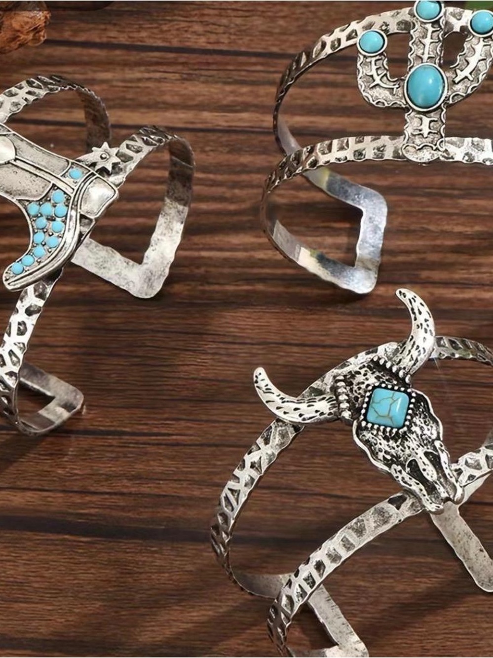 Southwestern Turquoise Silver Cuff Bracelet - Set of 3